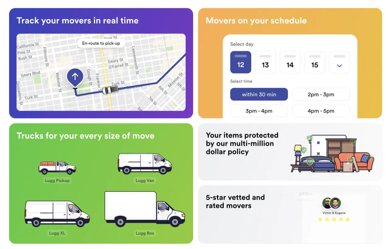 Lugg landing page header for general moving: track your movers in real time, movers on your schedule