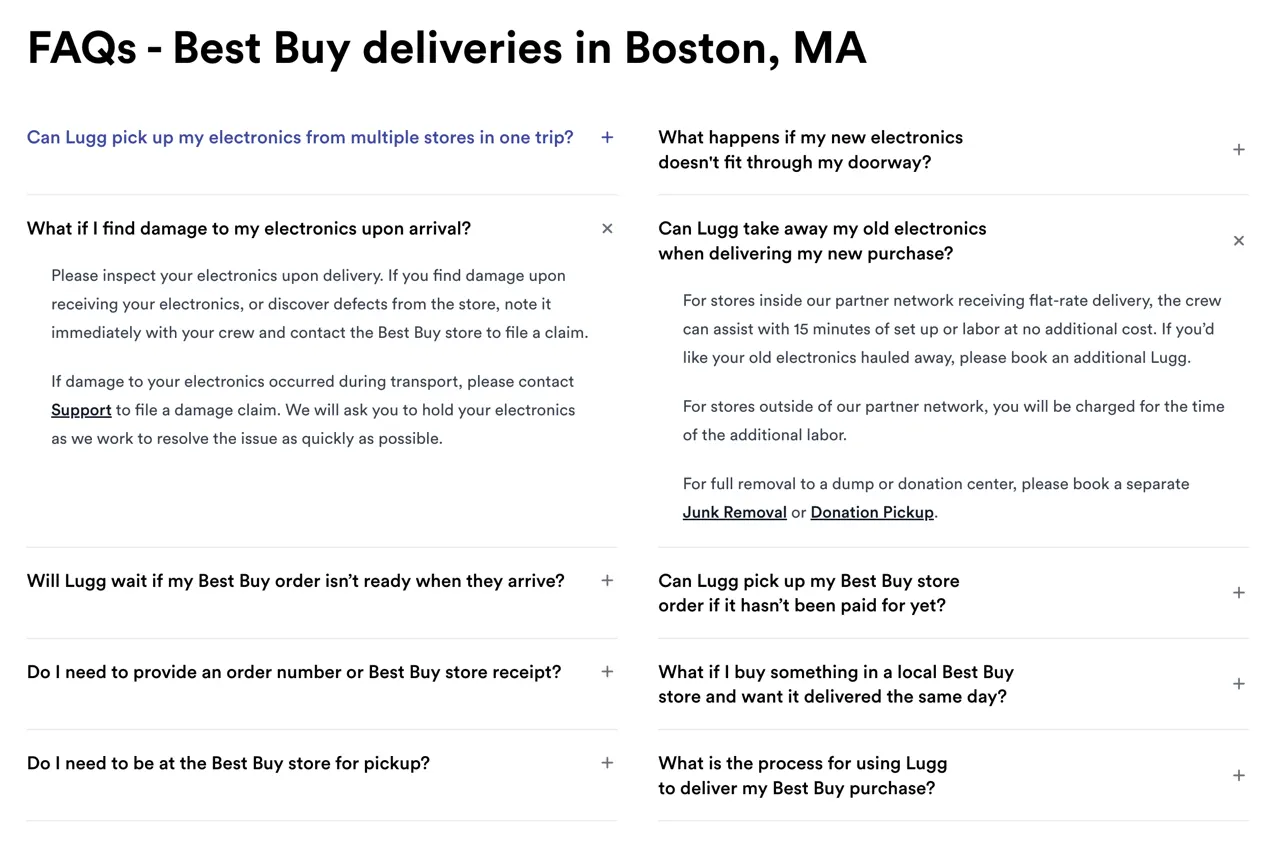 FAQs for Best Buy deliveries in Boston, MA, generated from reusable FAQ categories