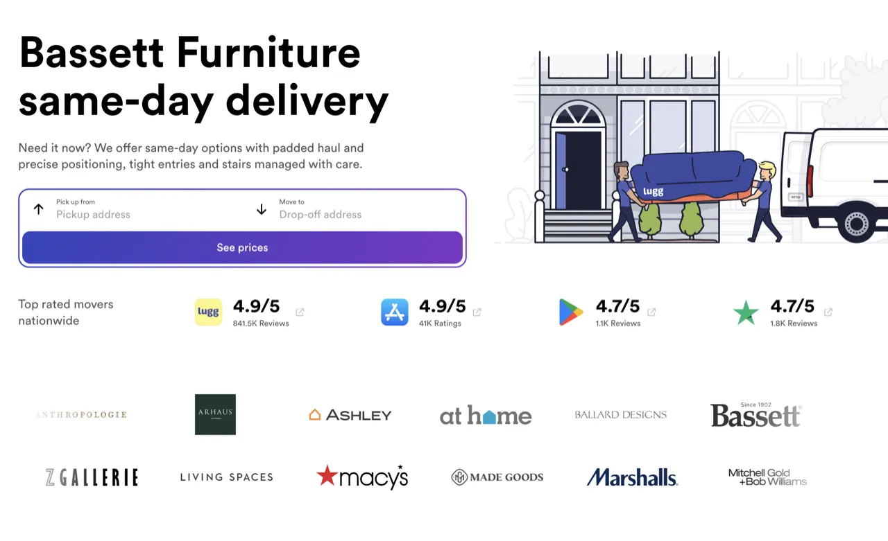 Bassett Furniture same-day delivery landing page with ratings and a row of furniture retailer logos